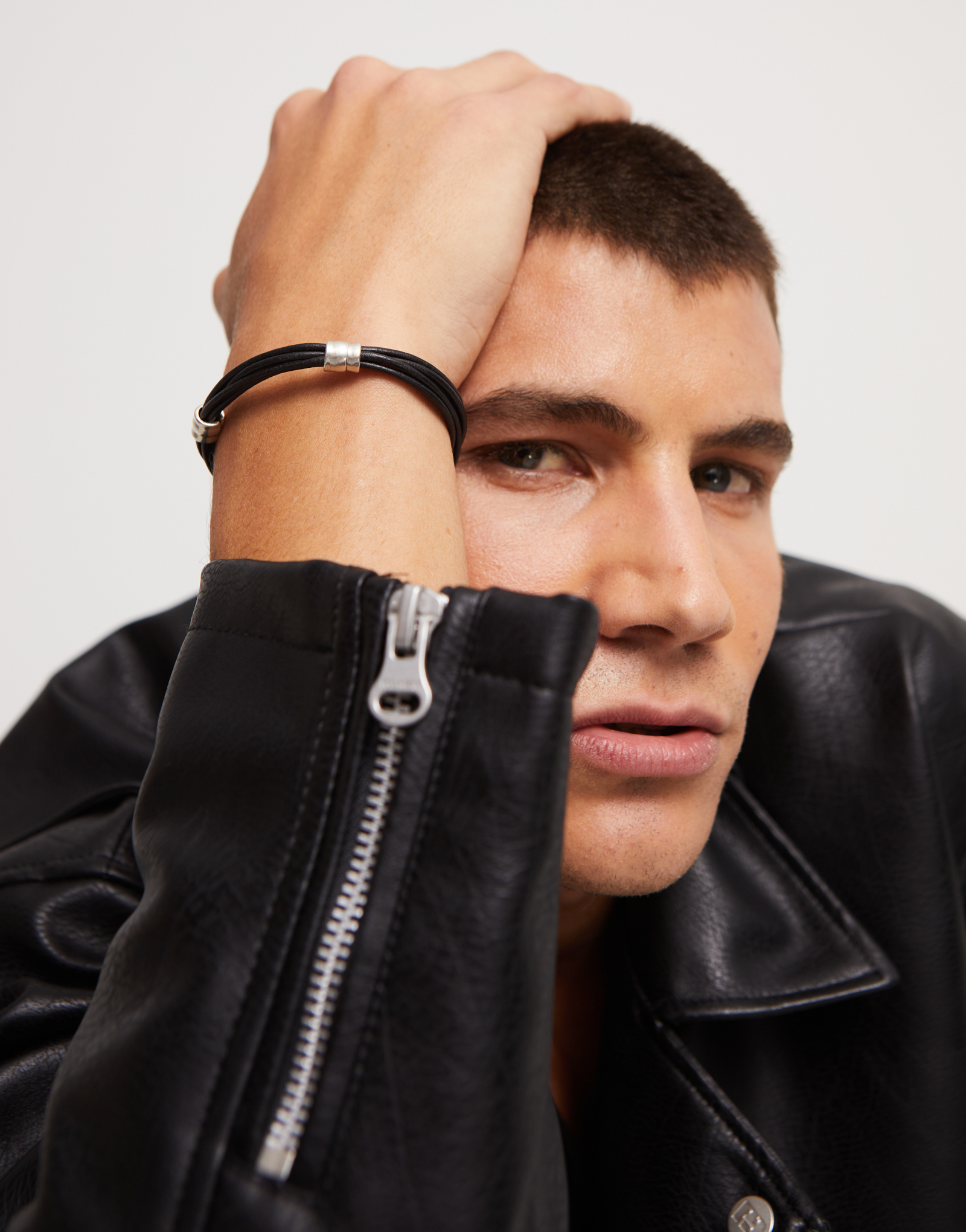 Leather bracelet with 2 sterling silver-plated circles, Silver, large thumbnail